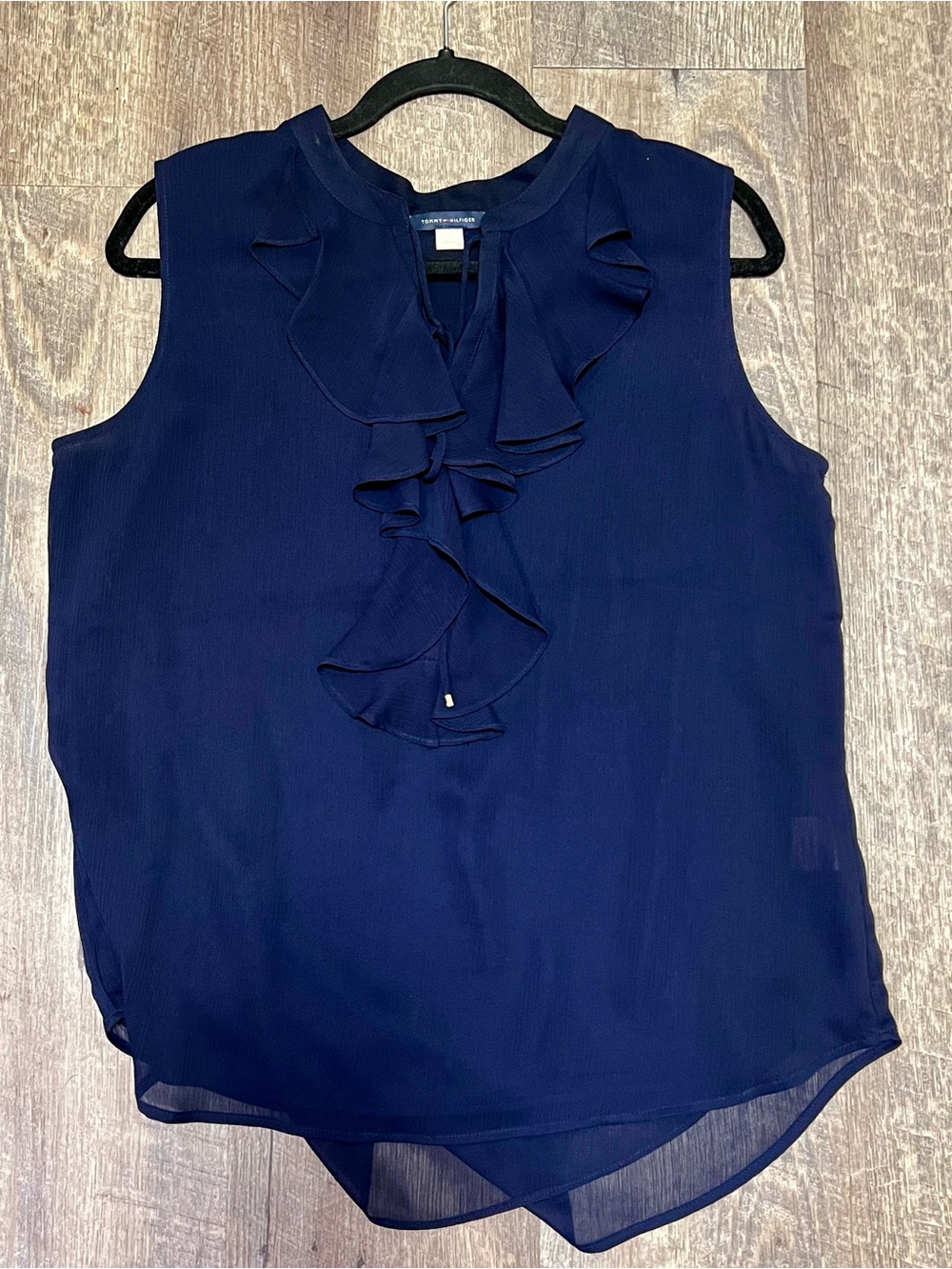 Tommy Hilfiger Navy Sleeveless Ruffle Front Blouse